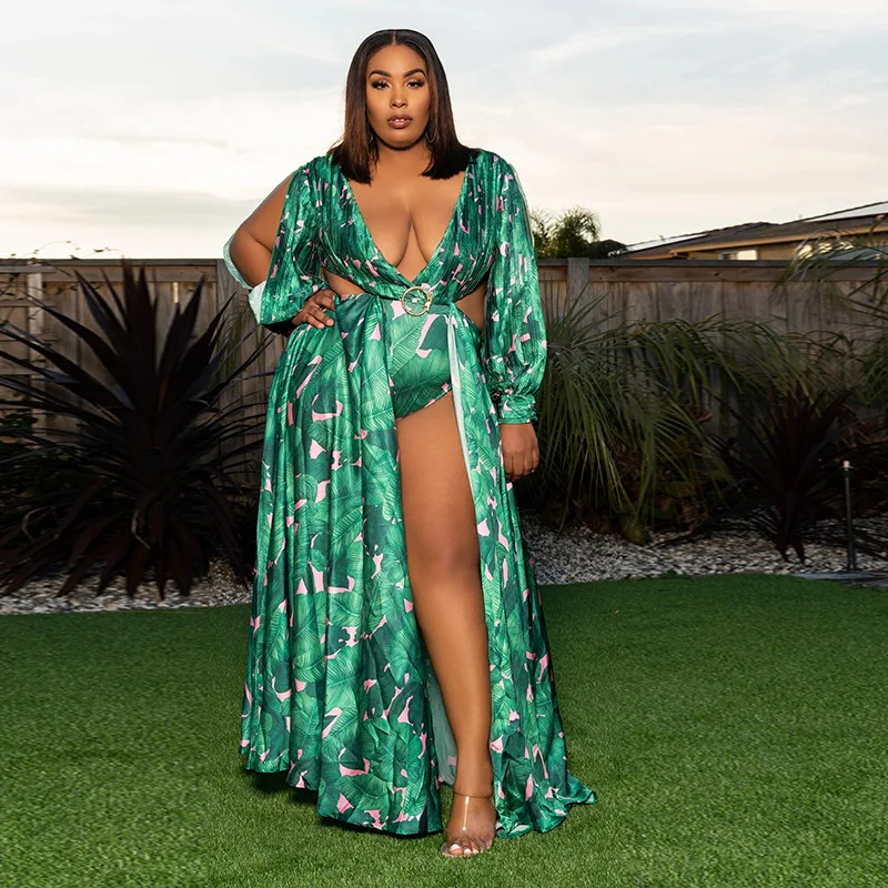 Summer For Women Long Dress Sexy Dress Long-Sleeved African Clothing Striped V-Neck Hollow Print 2021 New Green Evening Dresses