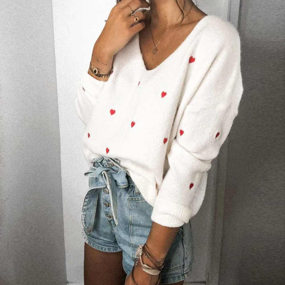 

2020 Autumn And Winter New Knitted Sweater Women Casual Loose V-Neck Pullover Sweaters Tops Female Fashion Print Sweaters Ladies
