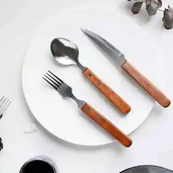 

18pcs/lot Stainless steel Party Dinnerware Wood Handle Creative Cutlery set Korean Flatware Knife Fork Spoon Kitchen Tableware