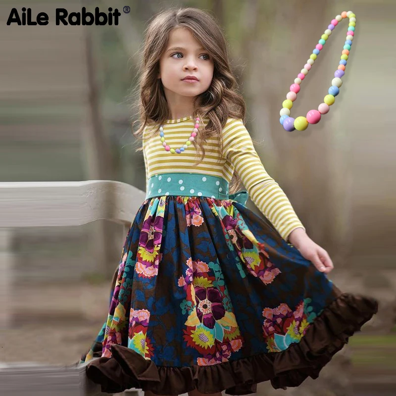 NEW INS Girls Fashion Dress Floral Pastoral Style Striped Long-sleeved Dress England Sweet Princess For 3-12 Year Girl