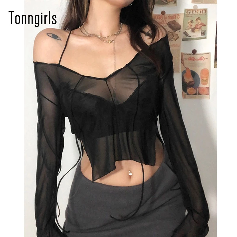Tonngirl Camiseta Sexy transparente mujer, Tops de transparentes de manga larga, camiseta negra transparente con de pico para mujer, primavera y verano|Camisetas| - AliExpress