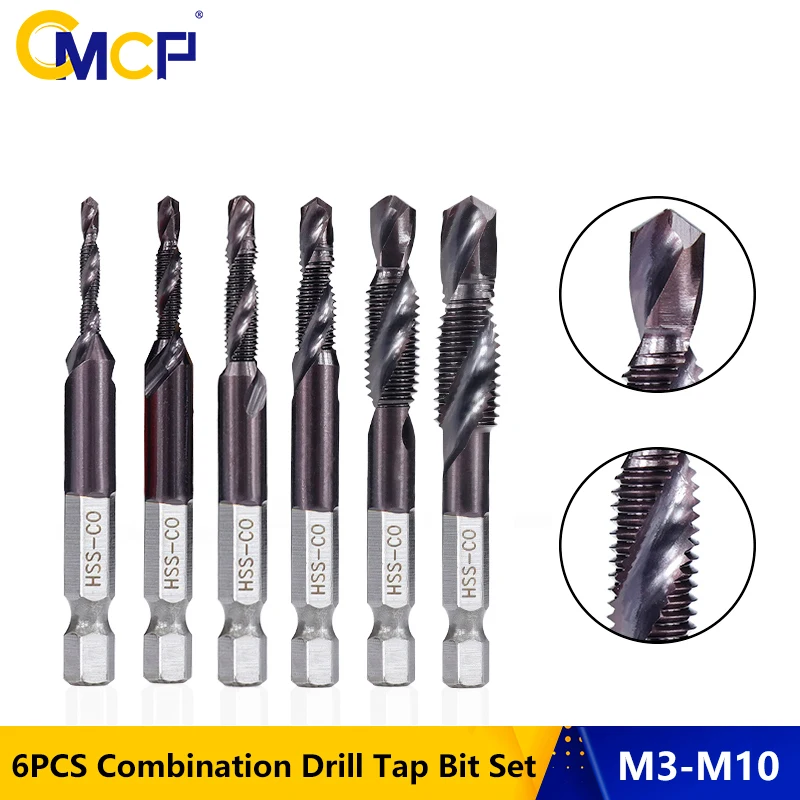 

CMCP HRC89 Combination Drill Tap Bit Set M3 M4 M5 M6 M8 M10 Metalworking Hex Shank Machine Taps Kit Metric Plug Tap