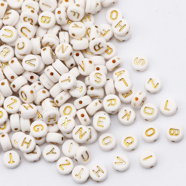 Acrylic Bead, Opaque White and Gold Letter, Double-Sided Flat Round, 4x7mm,  about 500pcs per pack