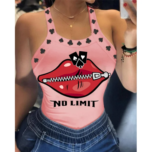 Summer Ladies Harajuku Shirts Slim Fit Polyester Sleeveless Top Tshirts Tank Tops Women U Neck Letter Print Lips Vest MC0300FS