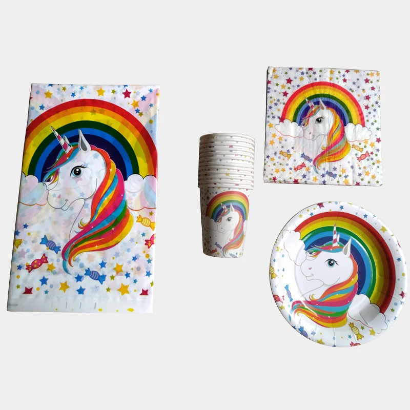 61 pcs с днем рождения Tablecover малыш пользу пластины с принтом белого единорога тема Бумага детские салфетки стаканчики Decora скатерть праздничный комплект
