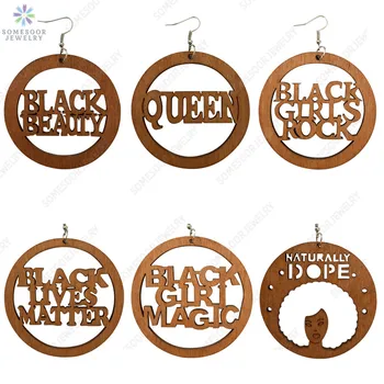 

SOMESOOR Big Engraved African Wood Drop Earrings Laser Cutting Words Black Girl Magic Rock Beauty Dangles For Women Gifts 6Pairs