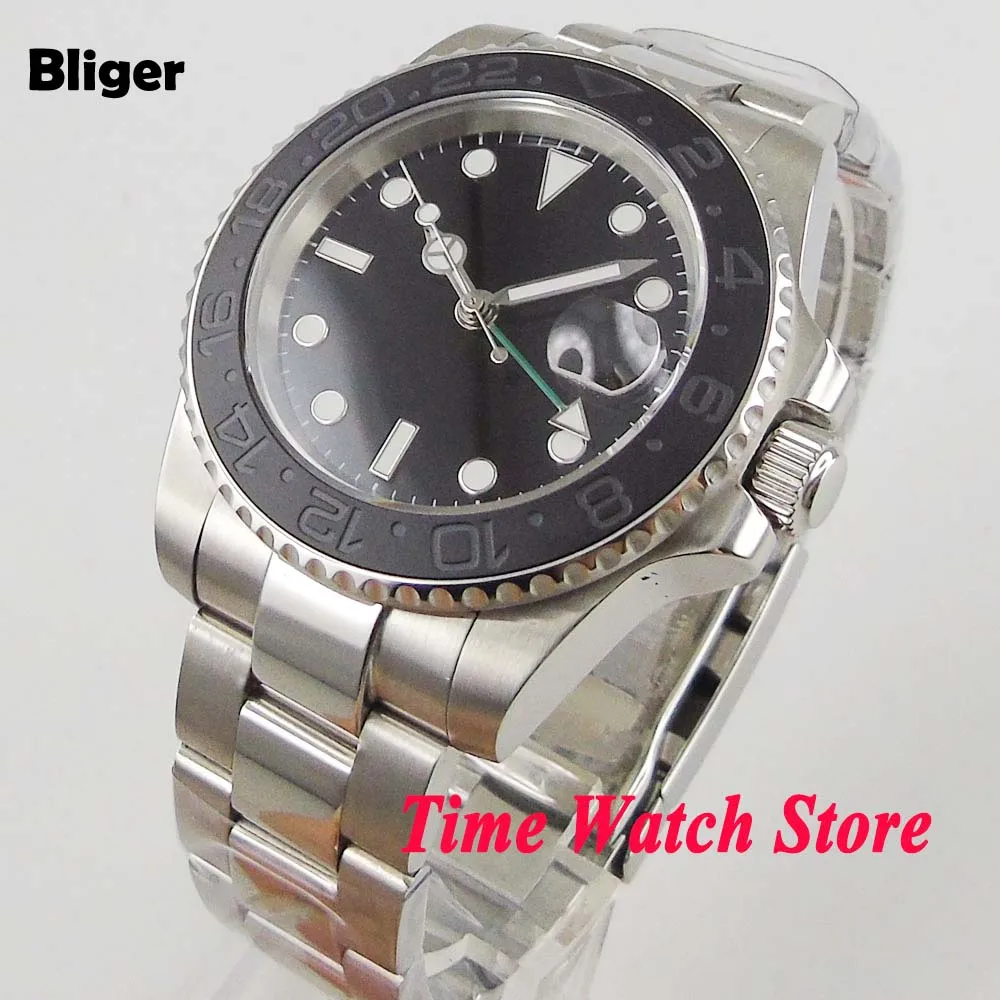 New arrive Bliger 40mm black sterile dial luminous saphire glass ceramic Bezel GMT Automatic movement men's watch 1008 | Наручные