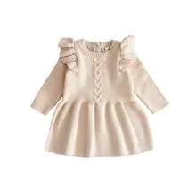 Детская одежда для маленьких девочек вязаные зимние вязаные платья принцессы с круглым вырезом и оборками, с длинными рукавами, однотонные Хлопковые Платья для малышей, один предмет