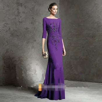 

Fashion Mother Of The Bride Dresses Satin Long Coat purple long Guest Gown/Outfits Half Sleeve Appliques Women Evening Suits