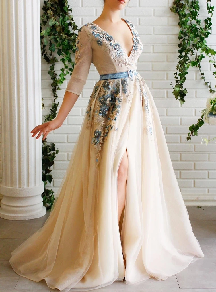 

New Muslim Evening Dresses 2019 A-line V-neck Tulle Appliques Pearls Slit Islamic Dubai Saudi Arabia Long Formal Evening Gown