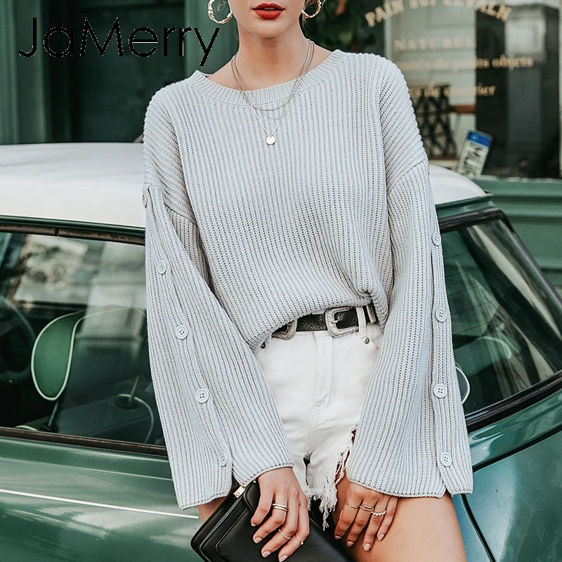 

JaMerry Vintage loose casual knitted women grey pullover sweater Button long sleeve female jumper sweater Autumn winter overalls