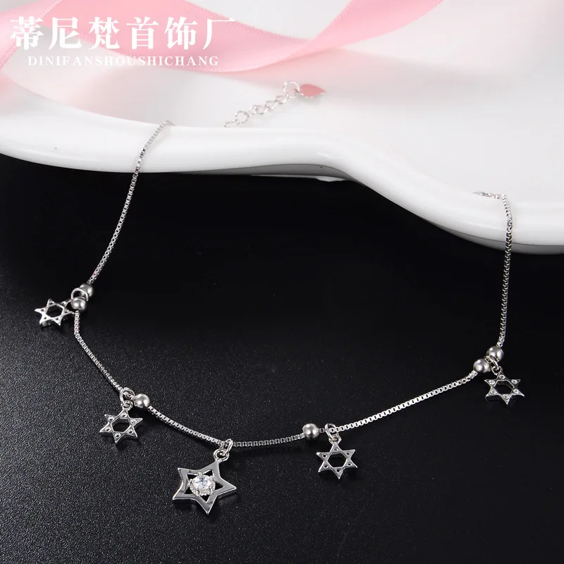 

S925 Fine Silver Fresh Five-pointed Star Pendant Foot Ornaments Korean-style Cool Accessories Zircon Star Anklet Girl'S Gift