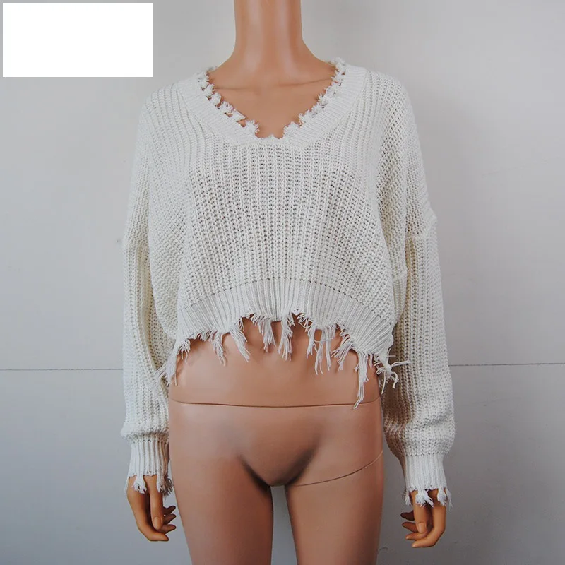 Moxeay для женщин белый пуловер с кисточками и v-образным вырезом рваные HoleLoose джемпер Повседневный Белый Женский вязаный