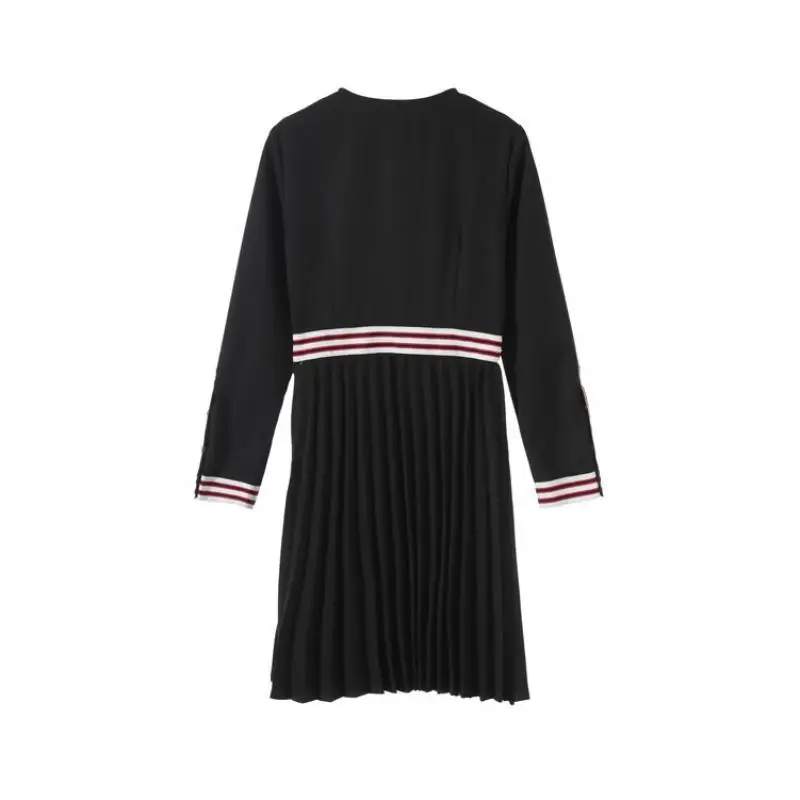 Брендовое Дизайнерское черное приталенное платье с длинными рукавами и круглым вырезом в английском стиле, плиссированное с круглым вырезом, осенне-зимнее женское мини-платье года