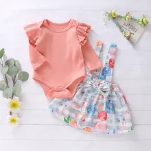 Осенние комплекты одежды для маленьких девочек прочный комбинезон с длинными рукавами для новорожденных+ комбинезон с цветочным принтом комплект модной одежды