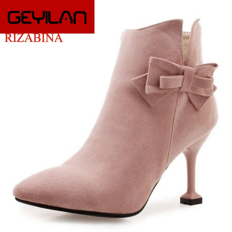 

Women Winter Ankle Boots Bowknot Warm Fur Shoes Woman Zipper High Heels Boots Sexy Lady Pointed Toe Shoes Size 34-43