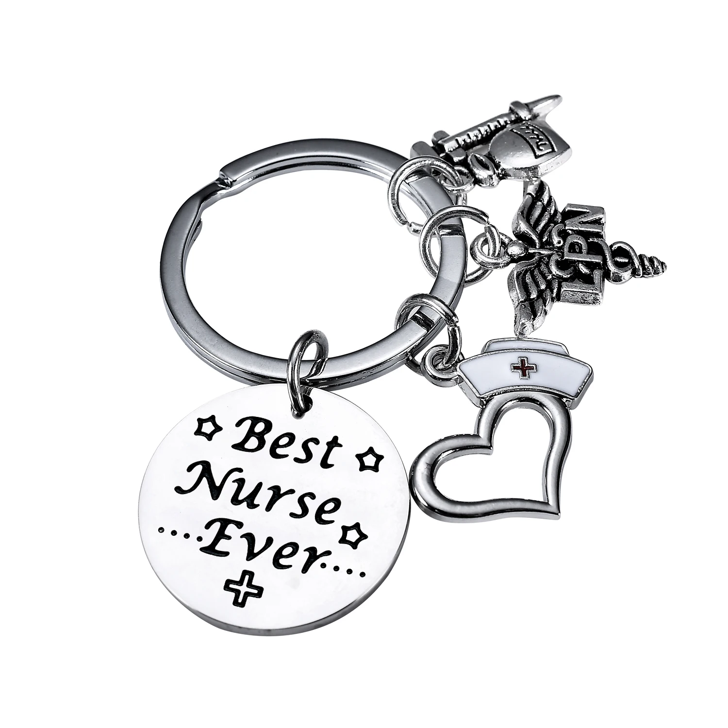 

12PC Nurse Cap Heart Charm Pendant Keychain Syringe Needle Key Chain Best Nurse Ever Inspirational Keyring Nurse‘s Day Gifts Hot