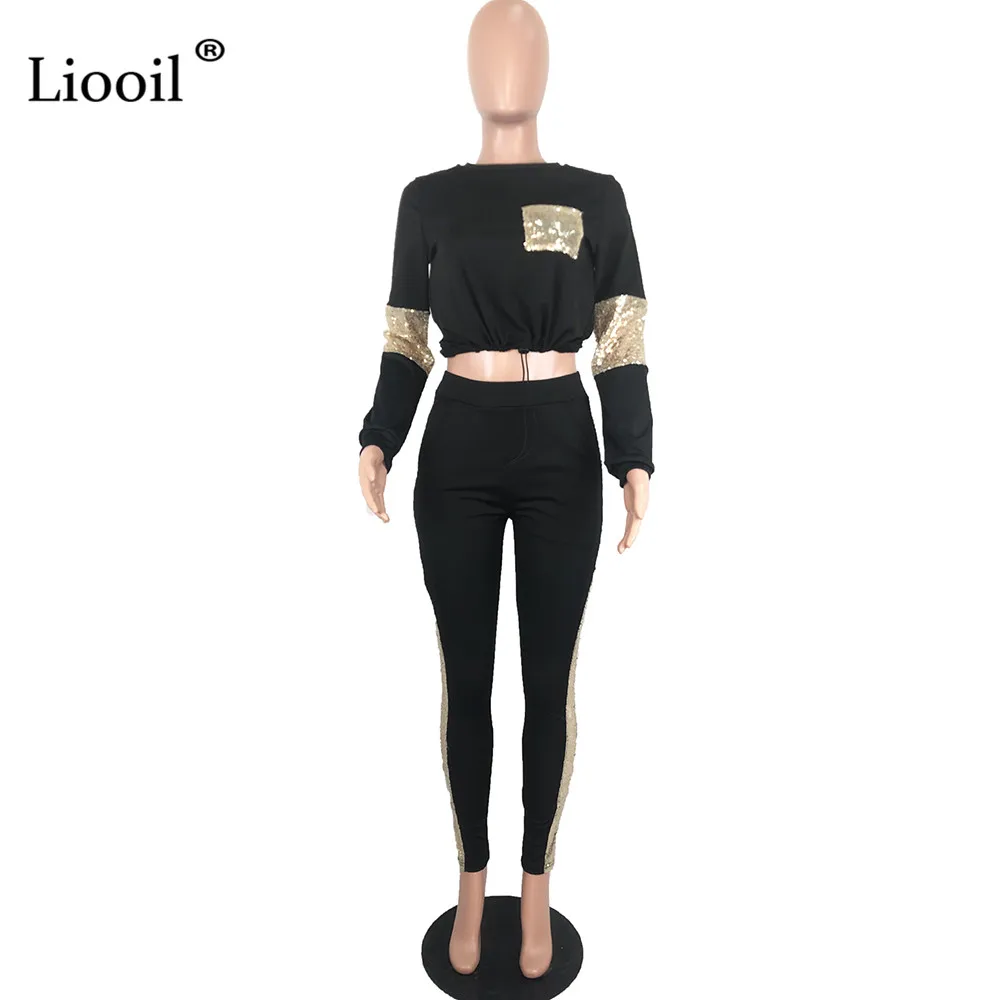 Liooil женский спортивный костюм с блестками, комплект из двух предметов, топ и штаны,, длинный рукав, круглый вырез, черный, белый, костюм для бега, подходящие комплекты