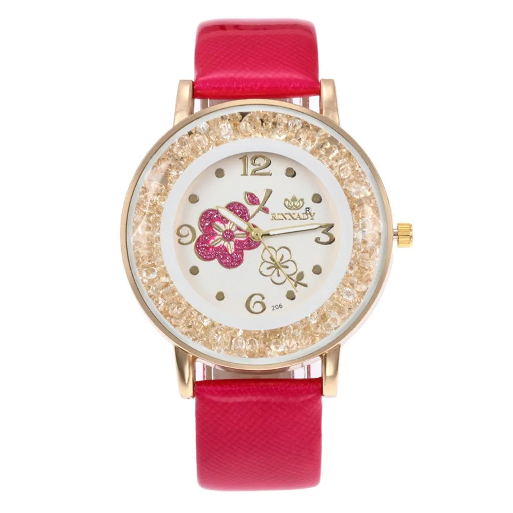 Модные женские кварцевые часы, кожаные женские нарядные часы, простые Цветочные Стразы, наручные часы, ювелирные изделия, подарок на День Благодарения - Цвет: Hot Pink