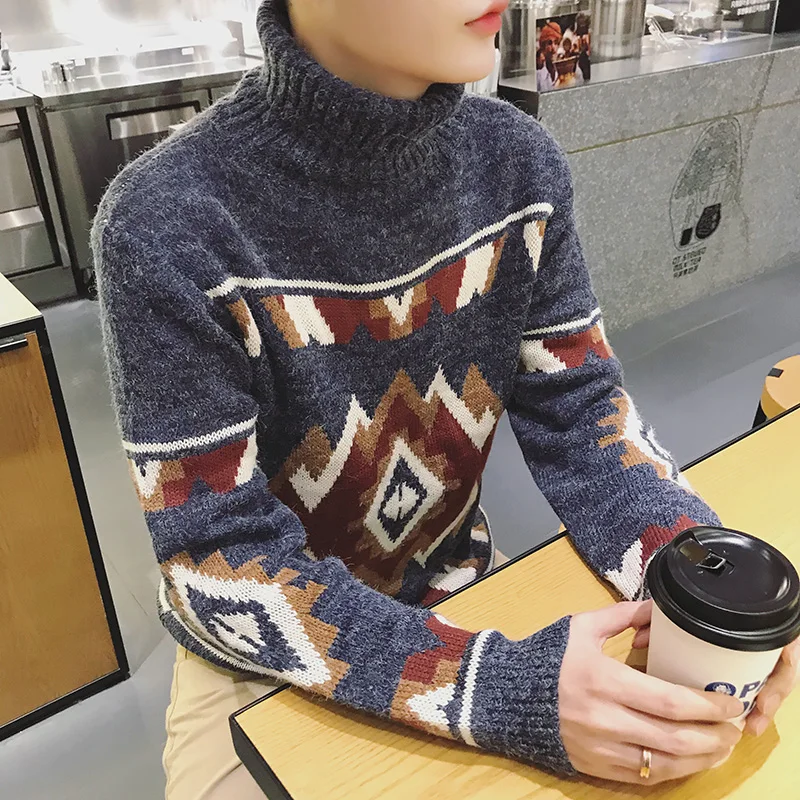 Harajuku вышитые водолазки пуловер Свитера мужские уличные зимние Япония стиль винтажные толстые теплые вязаные свитера M-2XL