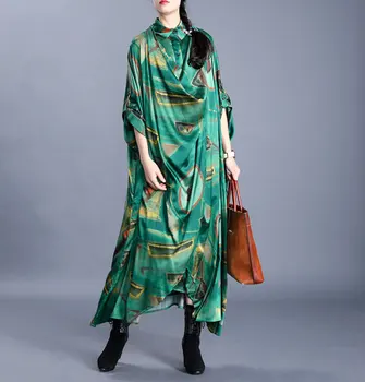 

Retro Printed Elegant Womens Loose Dress 2020 Summer New Chinese National Style Silk Seven Point Sleeve Irregular Long Dress