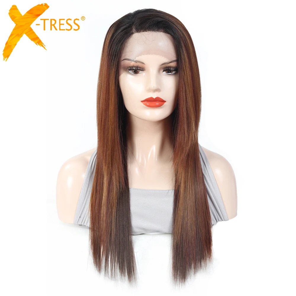 Wigs Lace-Wig Synthetic-Hair Black Straight X-TRESS Free-Part Brown Layered Color Ombre