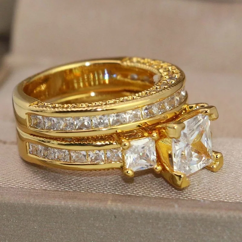 Fashion Gold-Color Couple Rings Wedding Rings Men's Stainless Steel Rings Women's White Zircon Ring Set Jewelry Rings