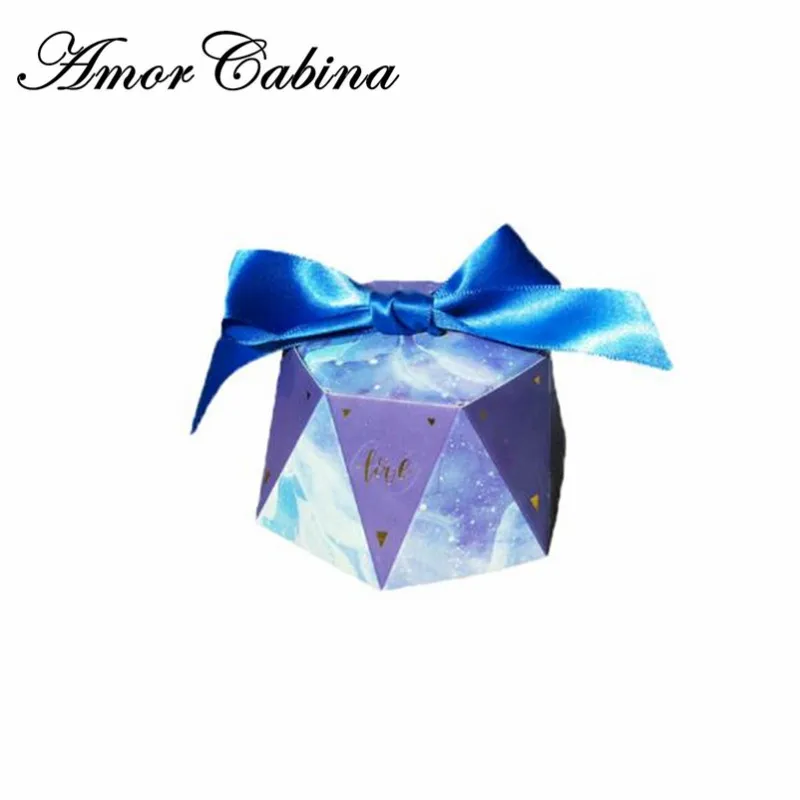 

50pcs Creative blue starry sky romantic wedding like candy box party back gift box Bomboniera gift box with ribbon