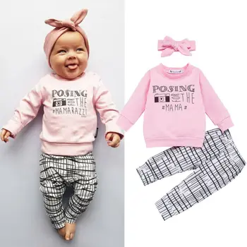 

Autumn Newborn Kids Baby Girls Clothes Tops Tee Shirt + Pants Trousers + Headband Clothes Set