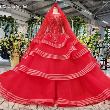 

HTL834 muslim wedding gowns long sleeves beading appliques o-neck red wedding dress with bridal veil ball gown vestido festa