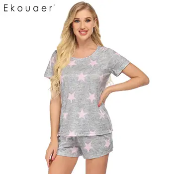 

Ekouaer Women Printed Pajamas Set Loungewear Clothes O-neck Short Sleeve T-shirt Shorts Summer Sleepwear Suits
