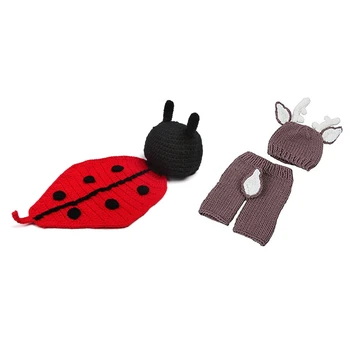

2 Set Baby Photo Props Baby Girls Boys Knit Baby Outfits Costume Hat and Pants - Deer & Beetle