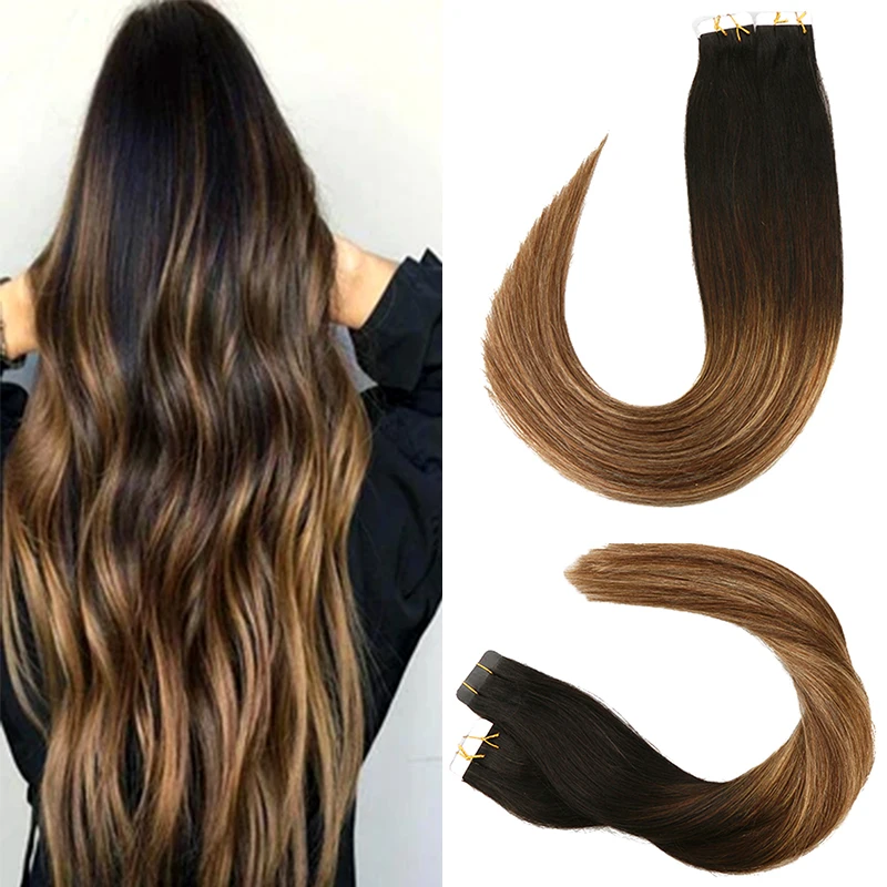 Toysww-Cinta para extensión de cabello humano, Color Balayage # 1B 5 28B, pelo Remy liso, cinta adhesiva para el pelo
