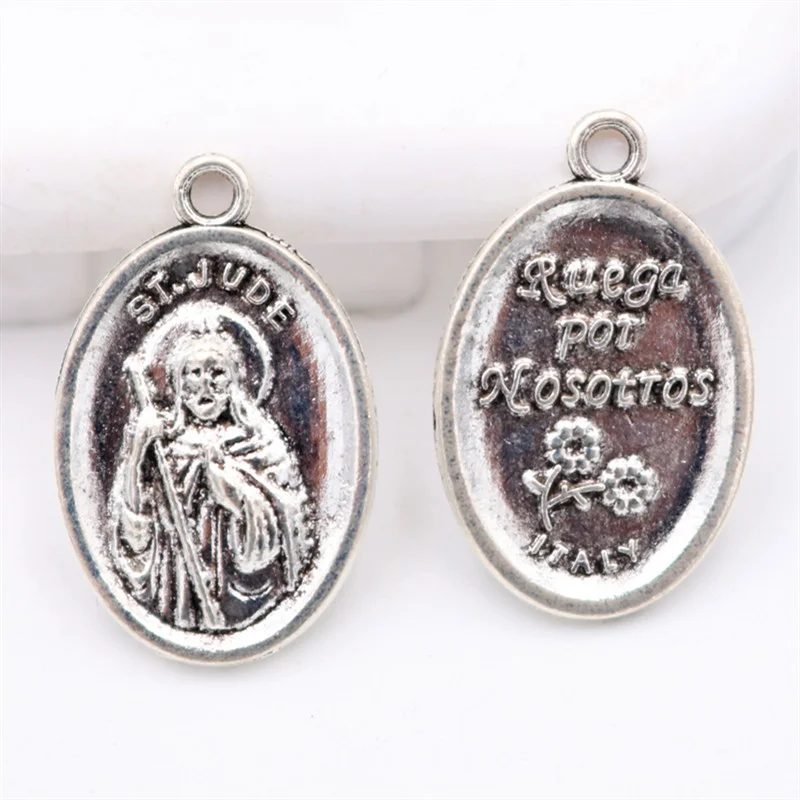 10pcs Antique Silver Ruega por Nosottos, St Jude Charm Catholic Oval Tag Pendant DIY Religious Jewelry Handmade26*16mm A2005