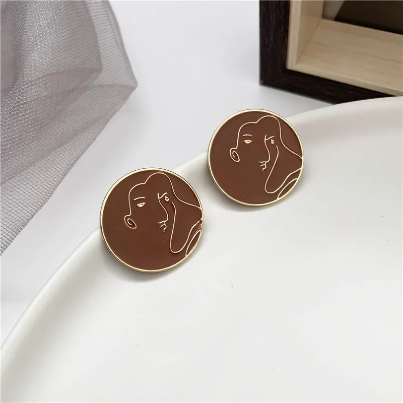 Stud Round Coffee Простые круглые серьги без пирсинга, абстрактные забавные большие серьги - Окраска металла: Stud Round Coffee
