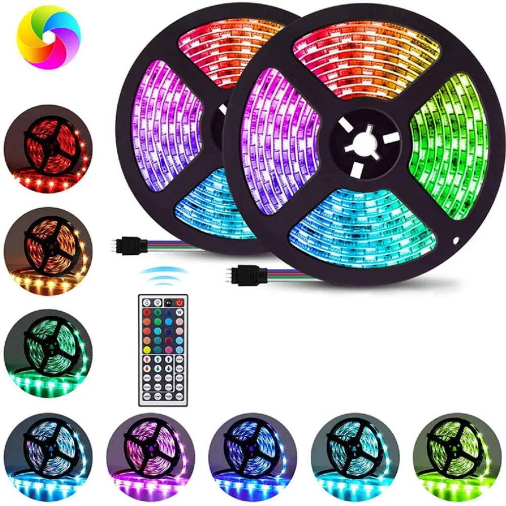 

5/10/20M LED Light Strip LED Color Change Strip Light RGB Flexible Tape Ribbon Lamp + 44-Key Infrared Remote Control+ Adapter