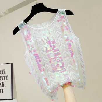 

Ladies Sequins Tank Top Heavy Industry Beaded Fashion Glitter Sequins Club Sexy Perspective Mesh Sleeveless Tank Tops Female Top