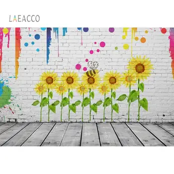 

Laeacco Sunflowers Wooden White Brick Wall Home Decor Party Kid Children Photo backgrounds Paotocall Backdrops for Photo Studio
