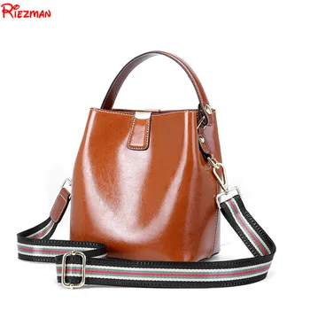 

New Women Cowhide Leather Bucket Messenger Bag Oil Wax Cow Leather Shoulder Bags for Ladies Handbags Bolsa Feminina Small Purse