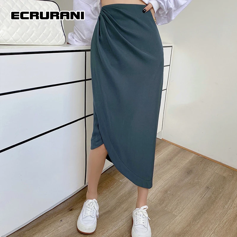 ECRURANI Casual Blue Asymmetrical Skirt For Women High Waist Loose Irregular Hem Minimalist Mid Skirts Females 2021 New Clothing