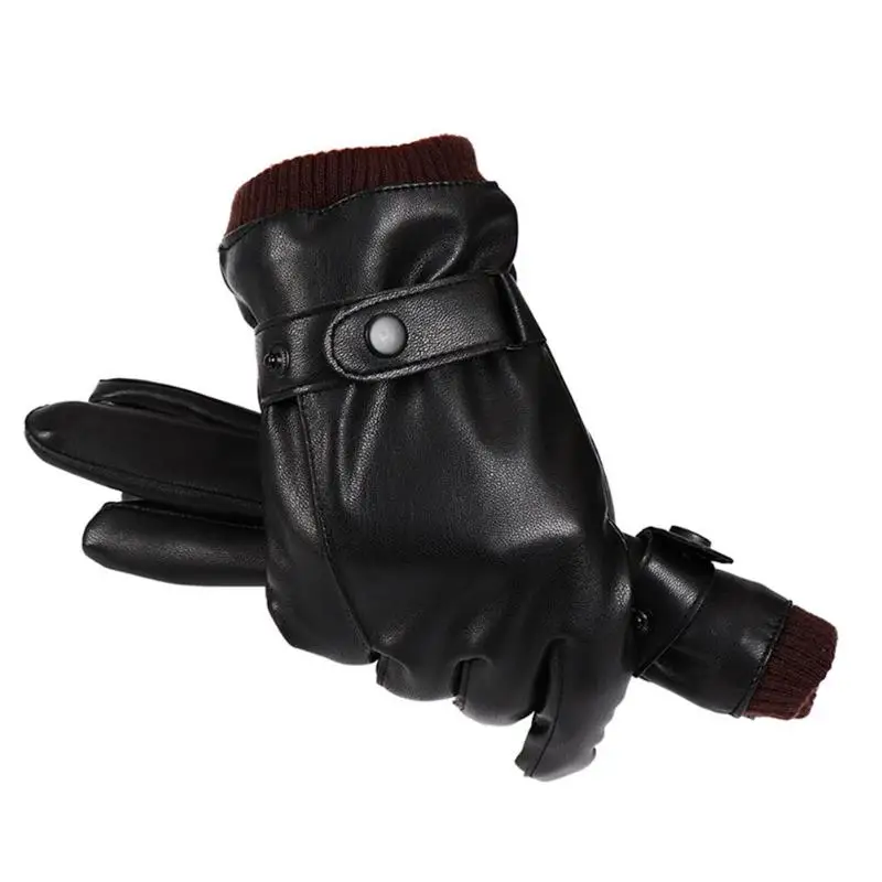 Leather Motorcycle Fleece Gloves Touch Screen Men Women Driving Thickened Gloves Camping and Hiking Accessories - Цвет: Black 2