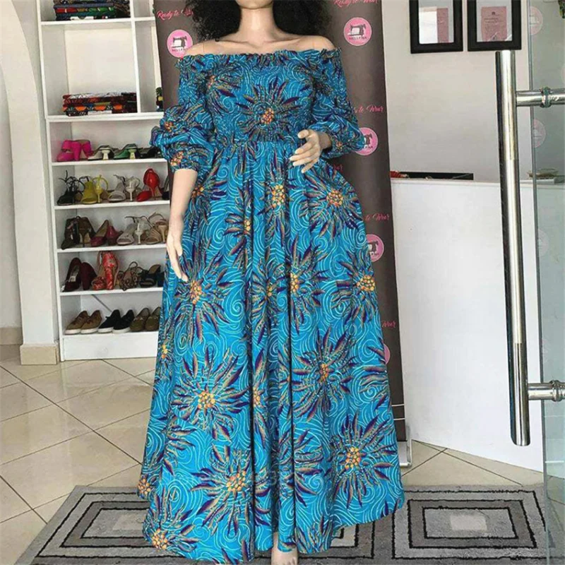 African national print party dress women casual sexy slash neck lady maxi dress new vintage long
