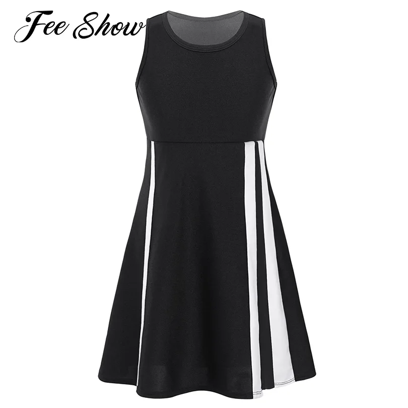 Kids Girls Sport Tennis Dress Casual Round Neck Sleeveless Sports Mini Dress Badminton Dancing Cheering Outfits Gym Sportswear