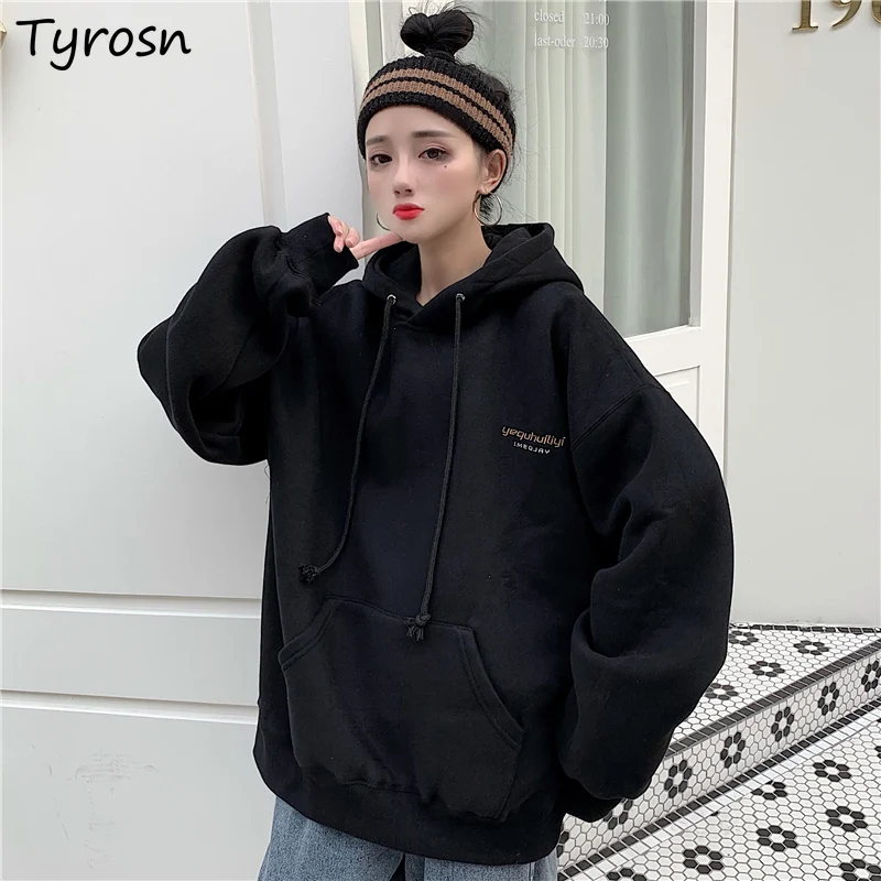 

Hooded Hoodies Women Retro Design Front Pockets Letter Printing Sweatshirts Japanese Style Keep Warm Thicker Tops Mujer Stylish