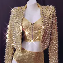 Сексуальный комплект из 2 цветов с блестками и заклепками, жакет, бюстгальтер, короткий комплект, наряд для дня рождения, выпускного, Женский костюм для певицы, танцовщицы, комплект одежды для бара