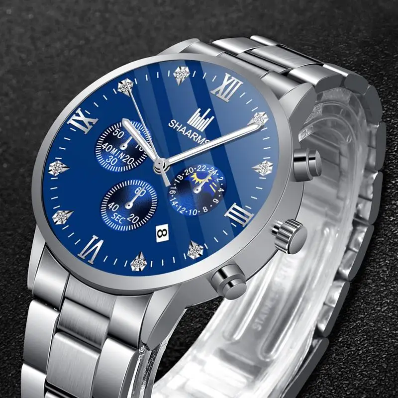 

New Arrival SHAARMS Men Watch Silver Stainless Steel Band Luxury Quartz Watch Diamond Date Watches Relogio Masculino 2019