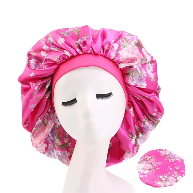 New Women Big Size Beauty print Satin Silky Bonnet Sleep Night Cap Head Cover Bonnet Hat for For Curly Springy Hair Black 408A Hot pink
