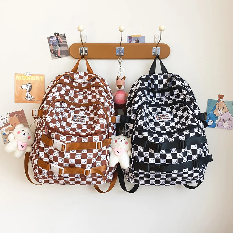 Cute Plaid Women Canvas Backpack Teenage Girls School Books Bag Large Capacity Young Ladies Laptop Bags Female Travel Backpacks