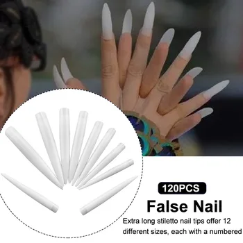 

120pcs Extra Long Home Sharp Ending Tips French Salon Art DIY Natural 12 Sizes Tool Display False Nail Half Cover Manicure