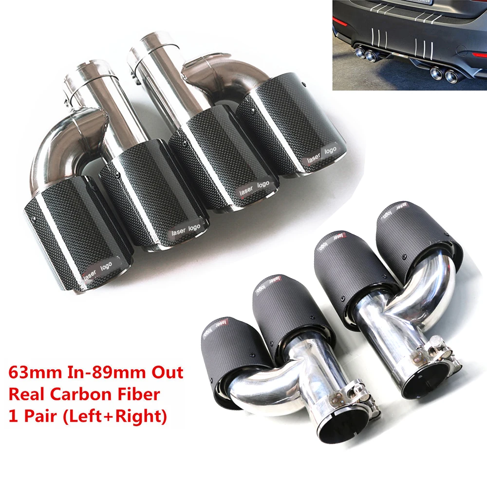 

63mm Inlet 89mm Dual Outlet Muffler Car Exhaust Tail Pipe Escape Carbon Fiber Universal Silencer System